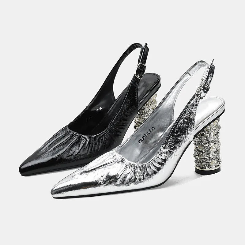 Luxury Pearls Rhinestones Genuine Leather Women Pumps Elegant Pointed toe Pleated Slingbacks High heels Female Party Dress Shoes
