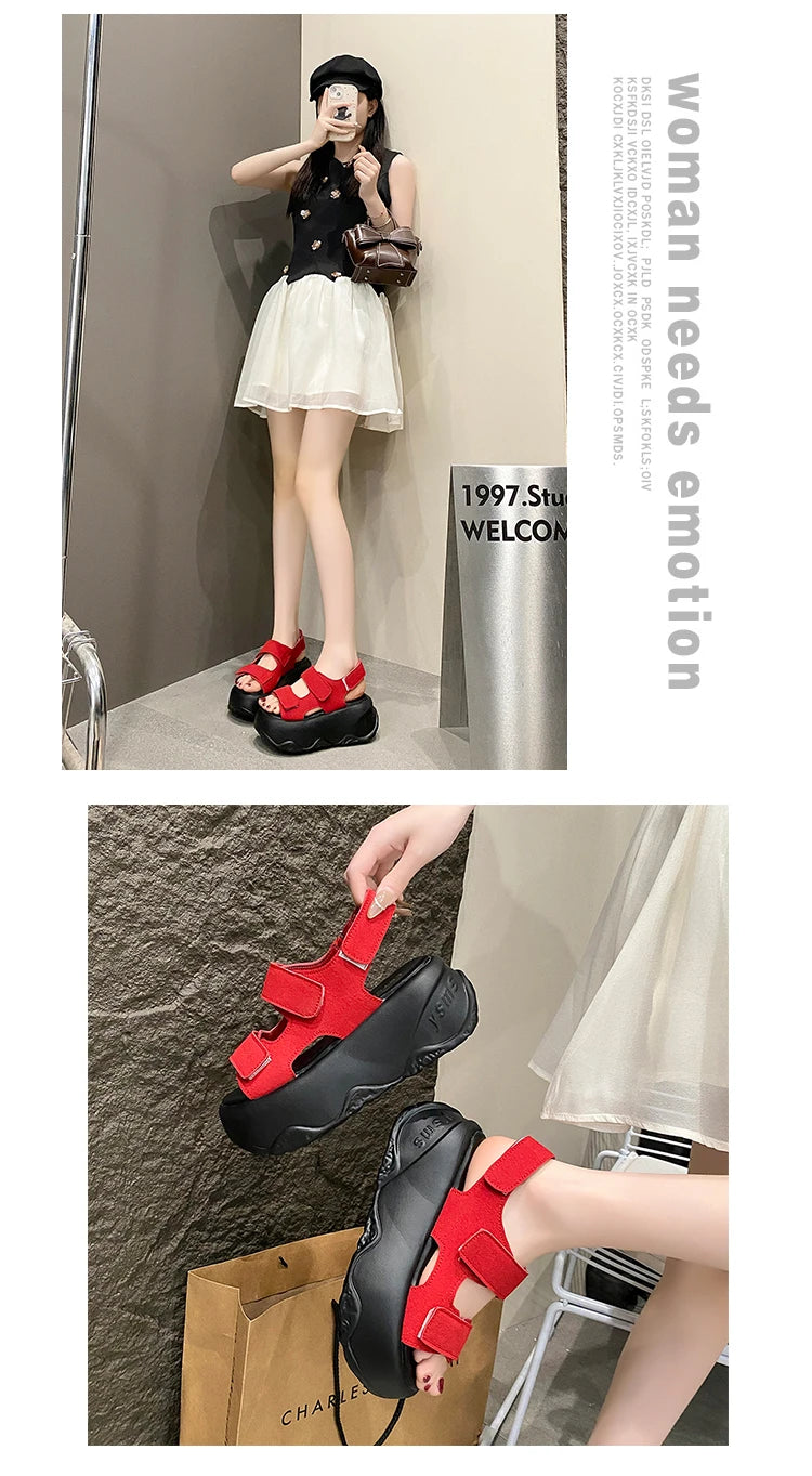 7CM High Platform Leather Sandals Women New Summer Breathable High Heels Ladies Beach Sneakers Wedges Chunky Slippers Sandalias