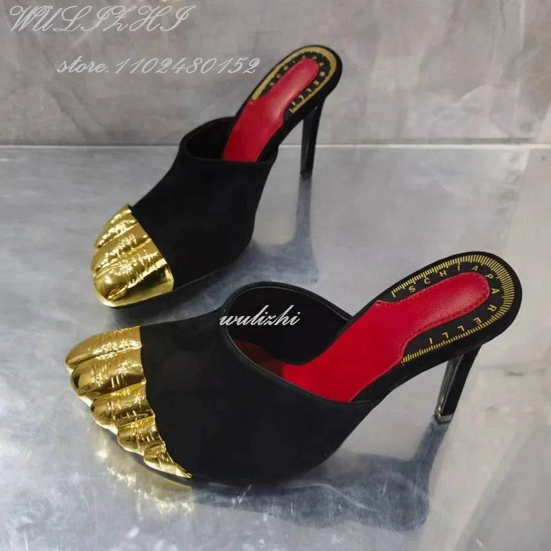 Black Strappy Gold Round Toe Five-Finger Sandals Girl Stiletto Ankle Straps Summer Suede Hollow Heels Catwalk Street Style Shoes