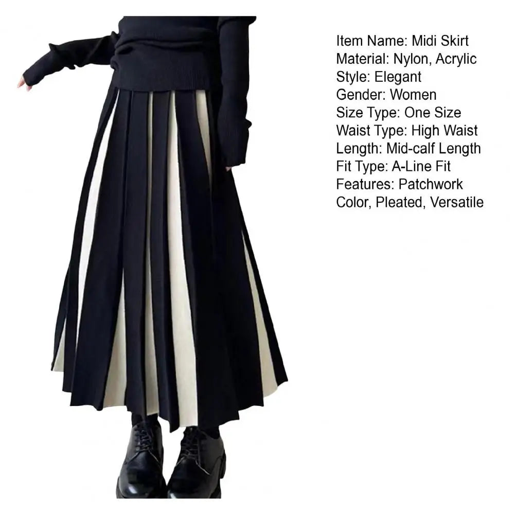 Women Midi Skirt High Waist Patchwork Color Pleated Skirt Ladies Autumn Knitting Skirt Women Versatile Comfortable Daily Wear