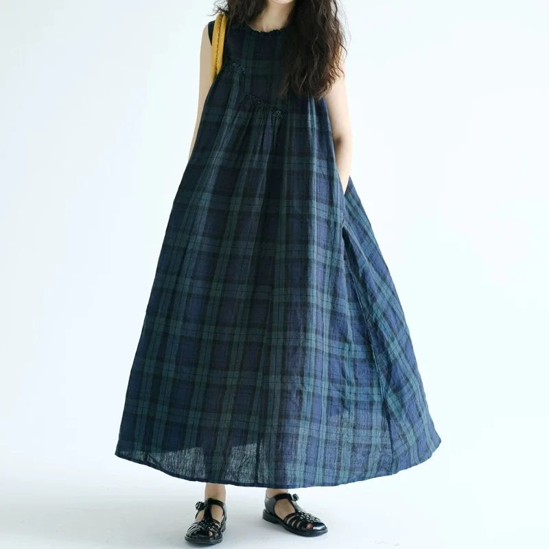 Summer 2026 Large Size Cotton Linen Plaid Vest Skirt Long Svel Dr Chest Splicing Wooden  Ear A-Line Dr