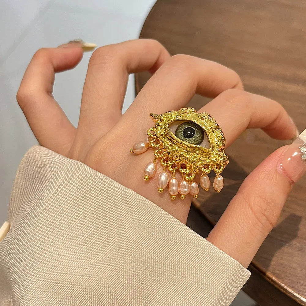 French Retro Unique Personality Exaggerated Eyes And Earrings Pearl Rhinestone Tassel Earrings Women's Jewelry Party Accessories