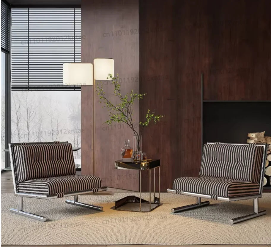 Minimalist stainless steel striped fabric single sofa chair - living room, balcony, leisure seating