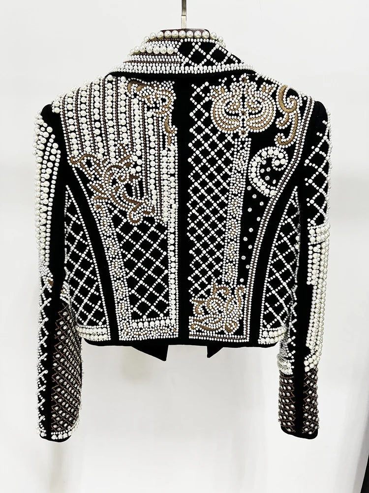 HIGH STREET Newest 2025 Stylish Designer Fashion Women's Luxurious Diamonds Pearls Embroidered Beaded Cropped Velvet Jacket