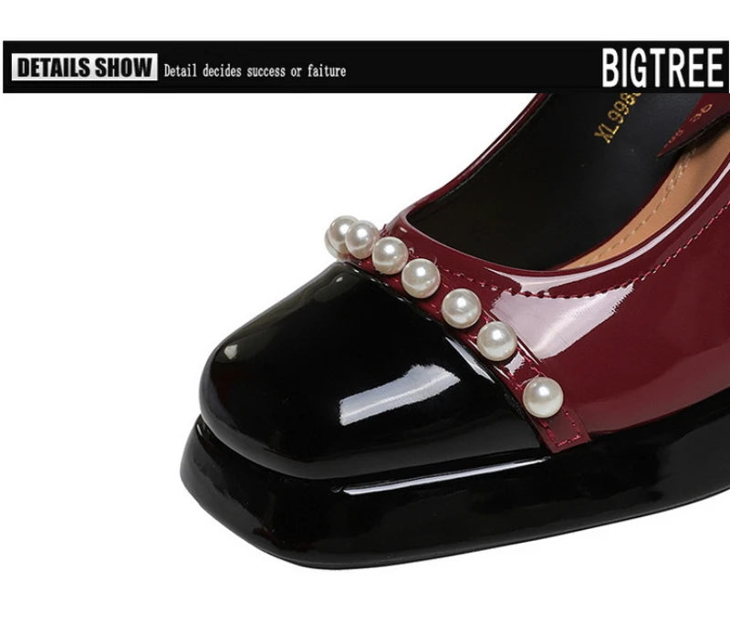 Retro Style Color Block Square Toe Thick Heel High Heels Women's Waterproof Platform Pearl Mary Jane Shoes Casual Fashion