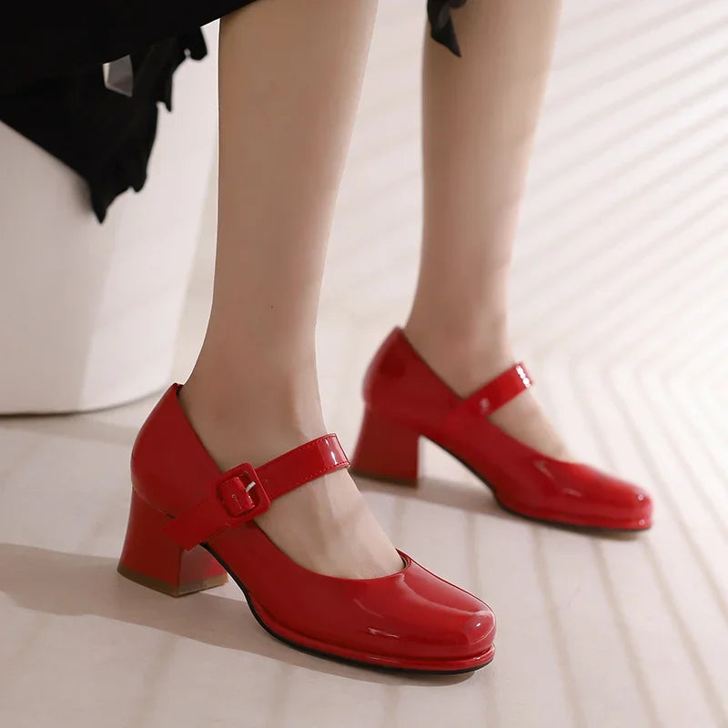 Spring Autumn Women Platform Mary Janes High Thick Heel Orange Red Patent Leather Dress Office Lady Round Toe Buckle Strap Pumps