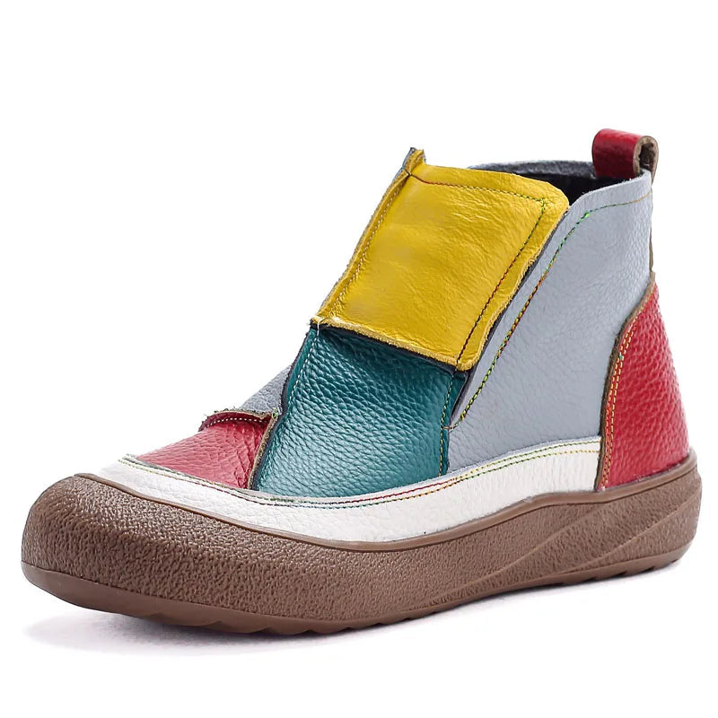 New Autumn Winter Genuine Leather Women's Shoes Zip Women Ankle Boots Handmade Color Blocked Flat Short Boots