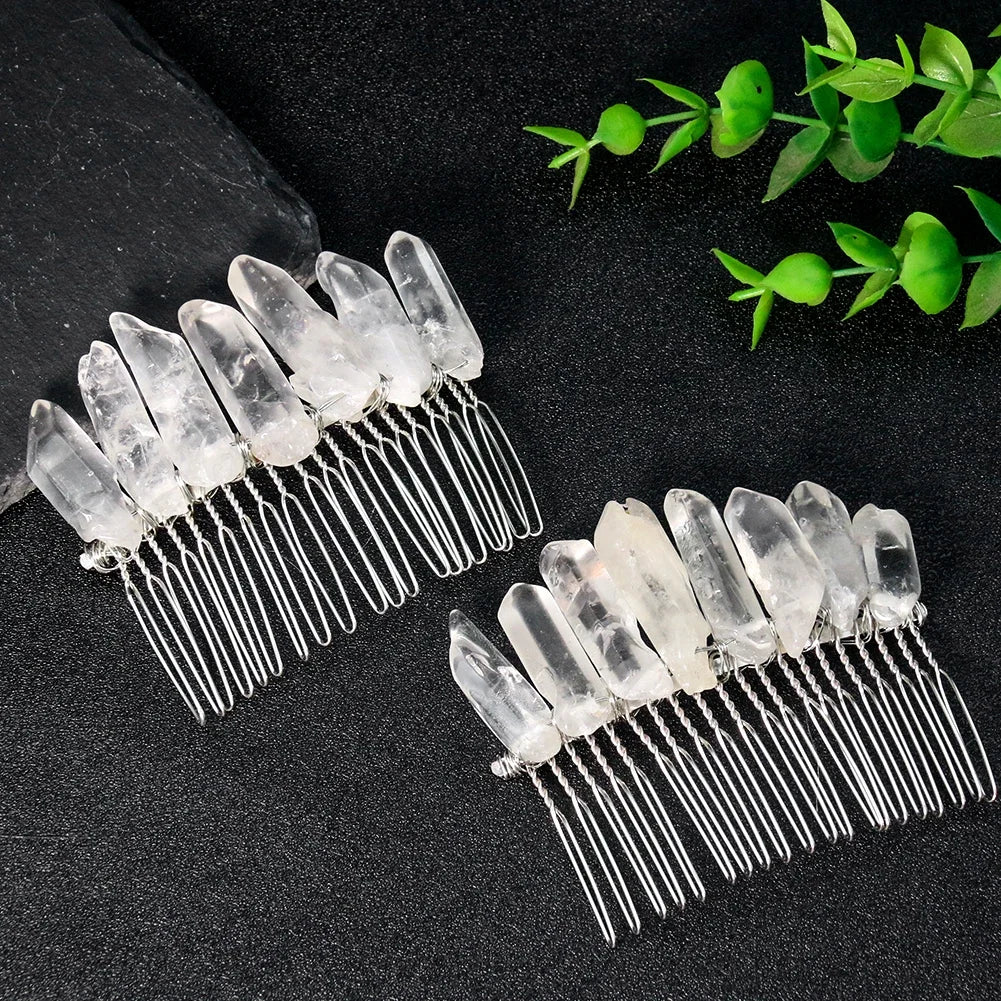 Natural Crystal Point Crown Hair Comb Transparent Quartz Crown Hair Band Bride Wedding Ornament Hairpin Craft Woman Jewelry