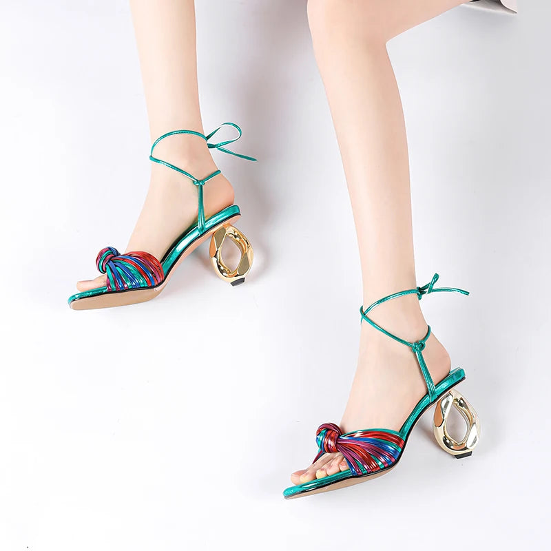 French Style Colorful Narrow Band Sandals Women High Strange Heels Ankle Wrap Party Wedding Sandals Ladies Dress