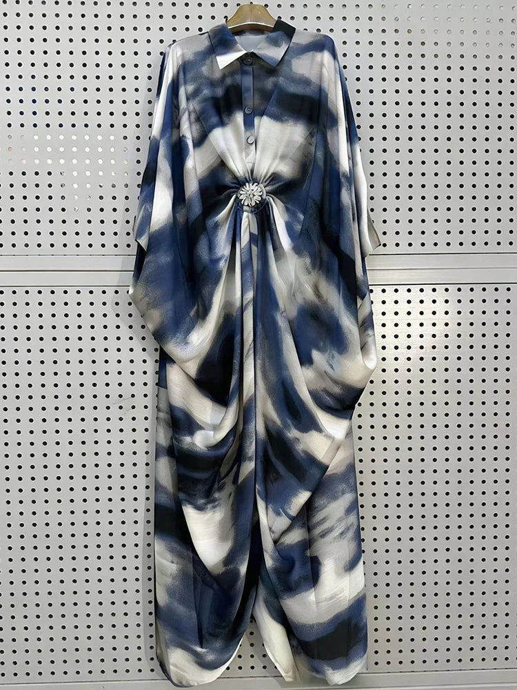 Retro tie dye printed diamond button pleated lapel pullover dress, fashionable loose plus size women's irregular shirt skirt