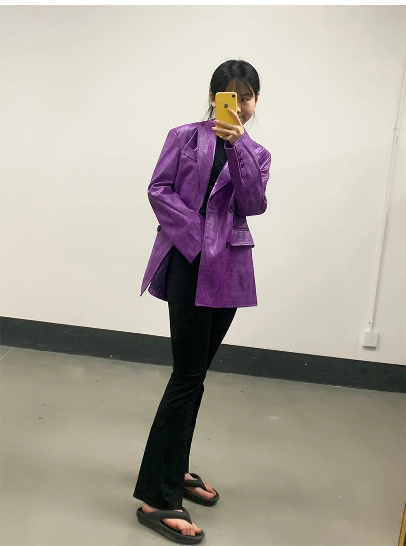 Mauroicardi Autumn Soft Luxury Matte Purple Crocodile Print Pu Leather Blazer Jacket Women Loose Casual Korean Fashion Clothes