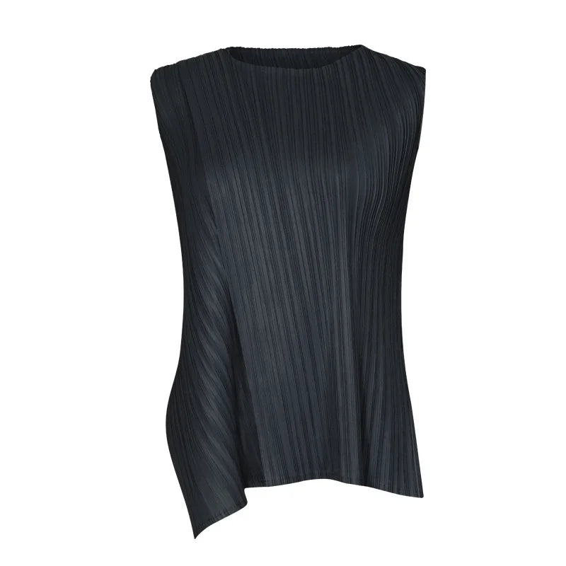 Miyake Irregular Designer Pleated Two Pieces Set Women Sleeveless Elegant Top Wide Leg Loose Trousers Summer Lady Clothing