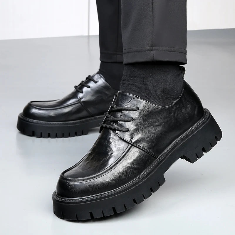 Men's Fashion Genuine Leather British Style Thick Bottom Work Shoes Classic Lace Up Comfortable Anti Slip Big Head Leather Shoes