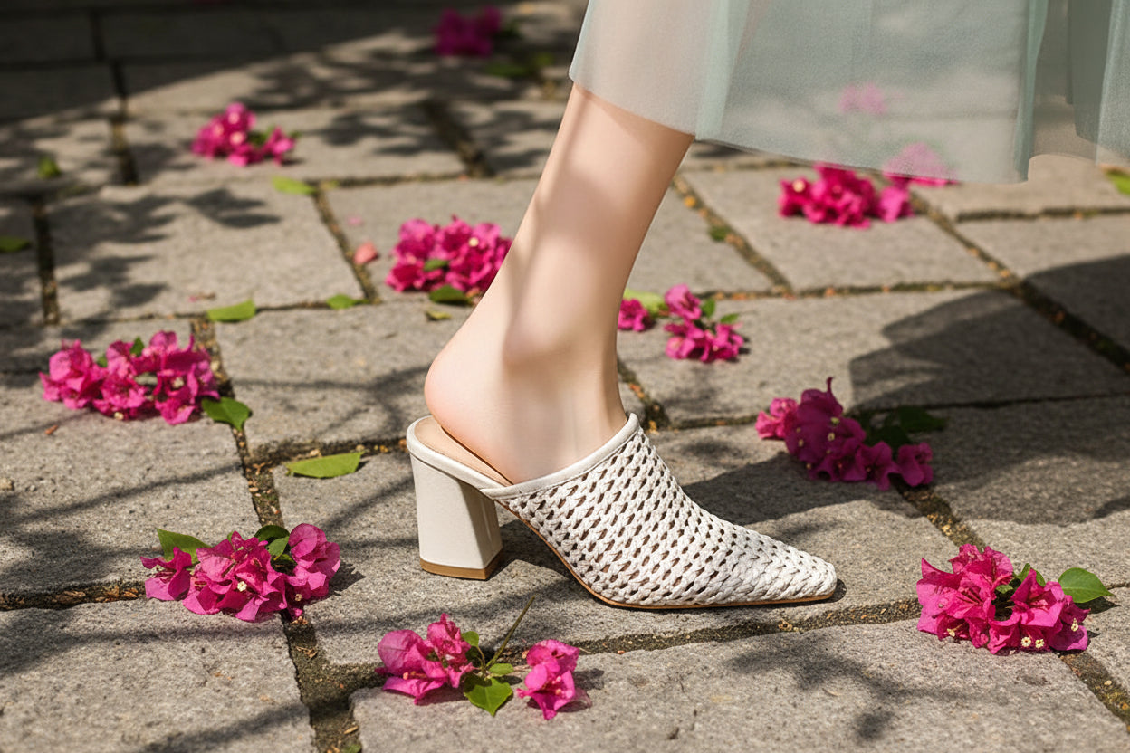 Elegant Braided Mules Women Covered Toe Breathable High Thick Heels Slippers Ladies Office Shoes Party Dating
