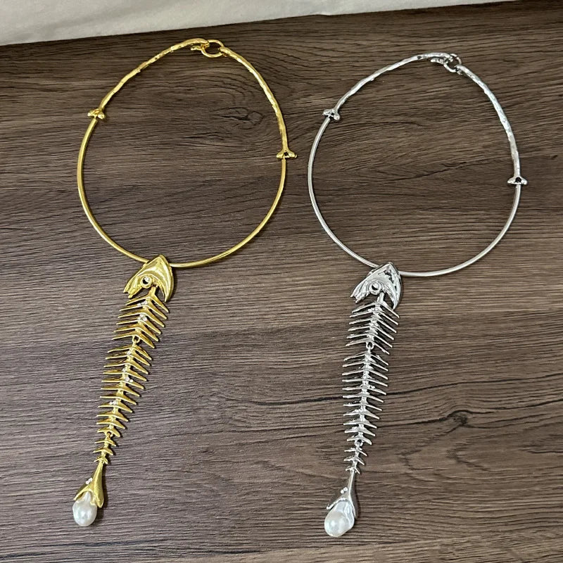 Novelty Design Alloy Big Fish Bone Pendant Choker Necklace For Women Fashion Jewelry Exaggerated Brand Show Statement Necklace