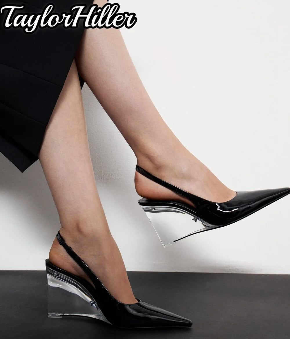 Slingbacks Brown Patent Leather Wedges Sandals Luxury Pull On Transparent High Heels Summer Sexy New Solid Black Shallow Shoes