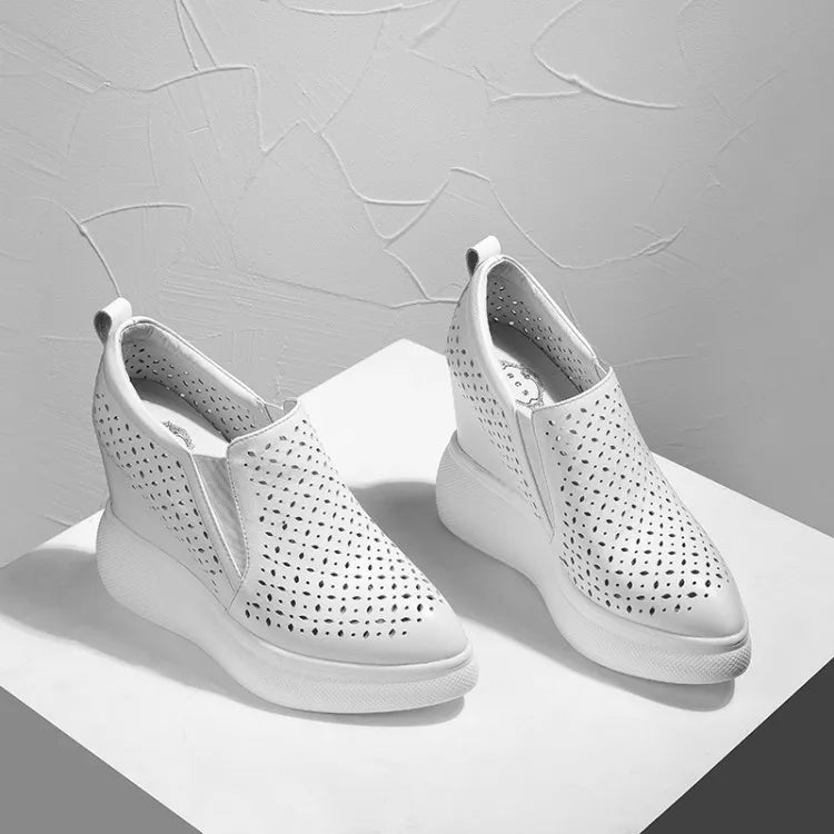 High Heels Hollow Out Shoes Casual Black White Women Sneakers Leisure Platform Shoes Slip-On Breathable Height Increasing Shoes