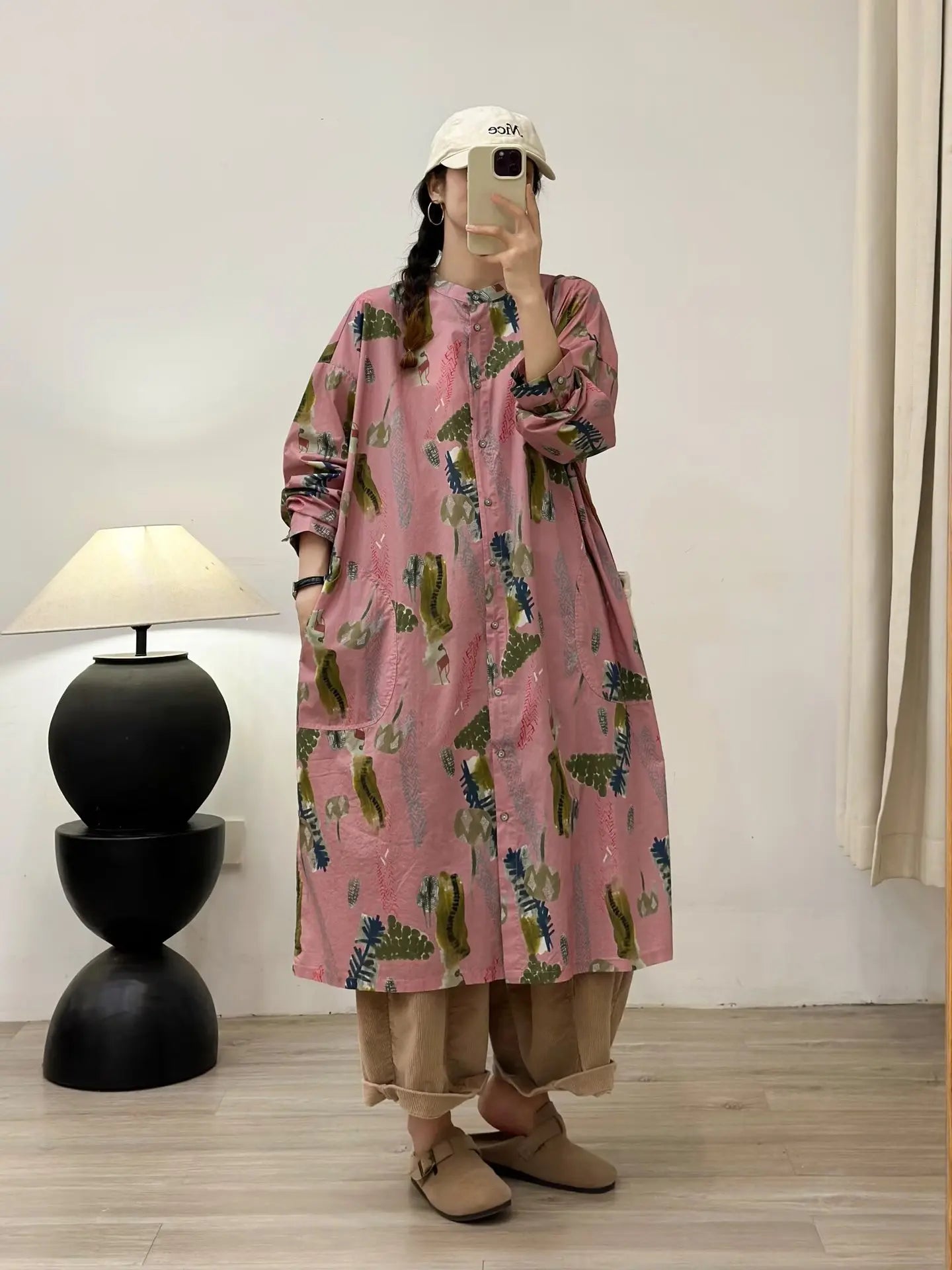 2026 Vintage long shirt dress for women spring harajuku fashion pink blue print shirt dress 100% cotton single-breasted dress