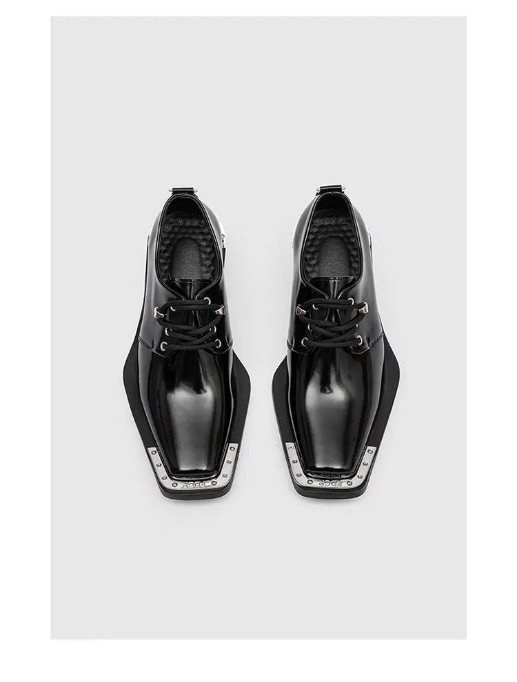 Metal Square Toe Derby Shoes Fashionable Thick Soled Lace Up Design Upturned Toe Thick Heel Trendy Men's Casual Leather Shoes