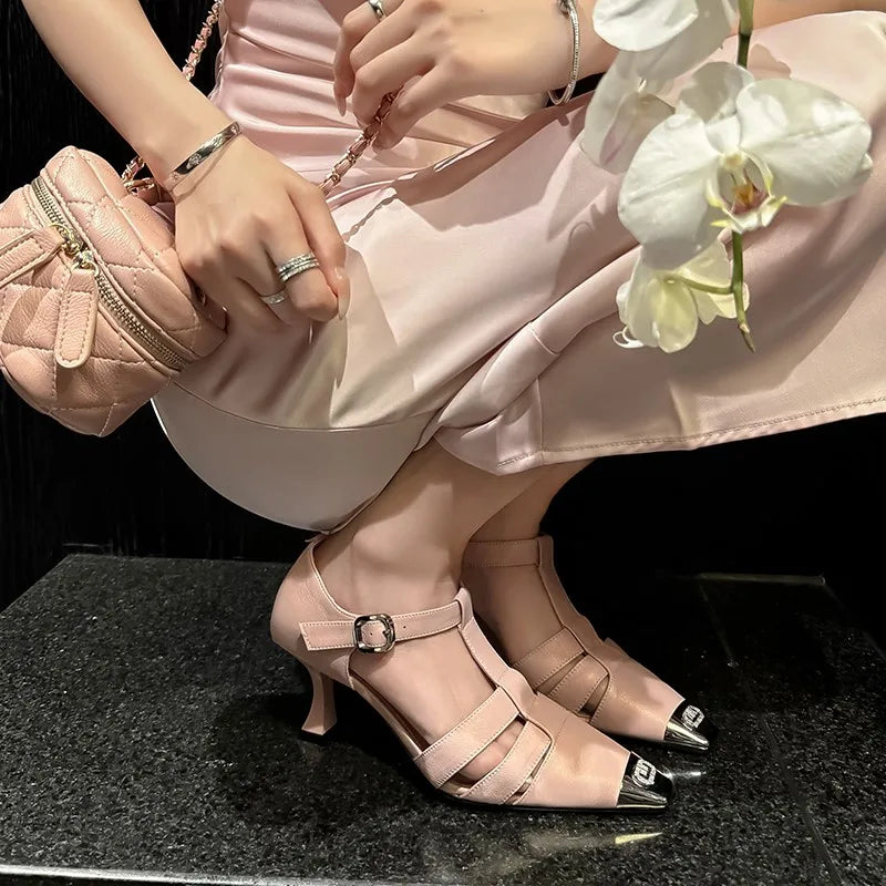 Elegant Genuine Leather Sandals Women T-Strap Metal Covered Toe Office Ladies Sandals Female Covered Back Sandals