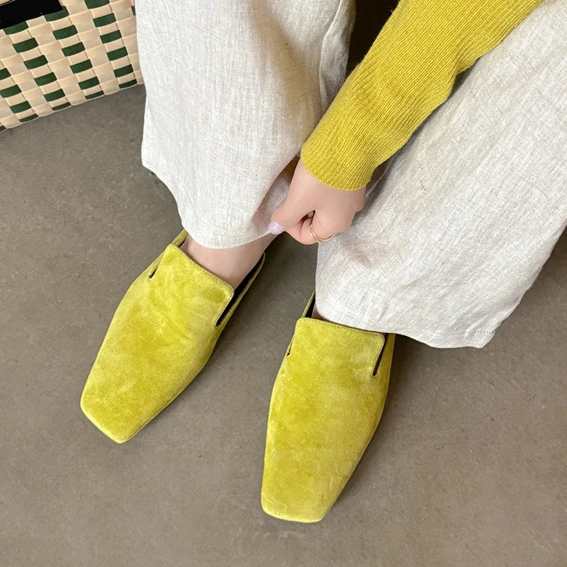 New Genuine Leather Kid Suede Flat Shoes Slippers Women Covered Toe Natural Leather Casual Slippers Female Daily Walk Slippers