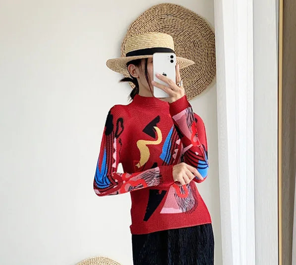 Miyake Pleated Contrasting Colors T-shirt Women Half Turtleneck Skinny Pullover 2025 Summer Fashion Female Clothing