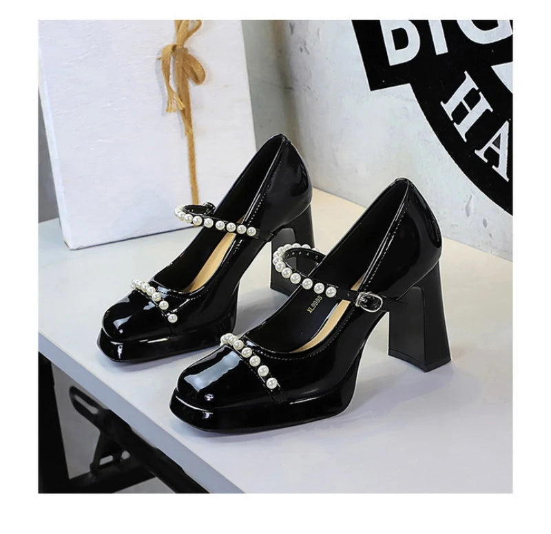 Retro Style Color Block Square Toe Thick Heel High Heels Women's Waterproof Platform Pearl Mary Jane Shoes Casual Fashion