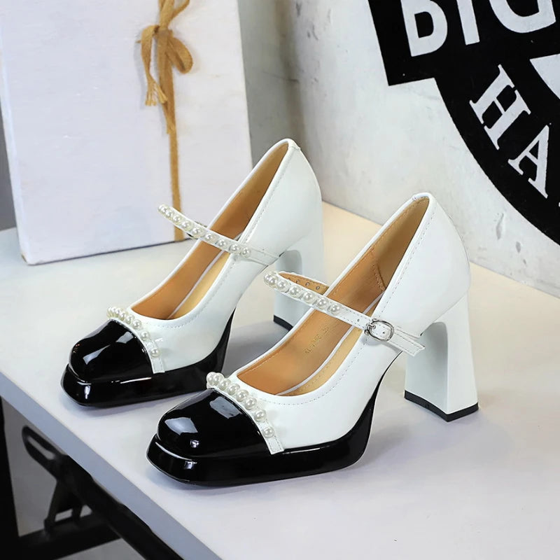 Retro Style Color Block Square Toe Thick Heel High Heels Women's Waterproof Platform Pearl Mary Jane Shoes Casual Fashion