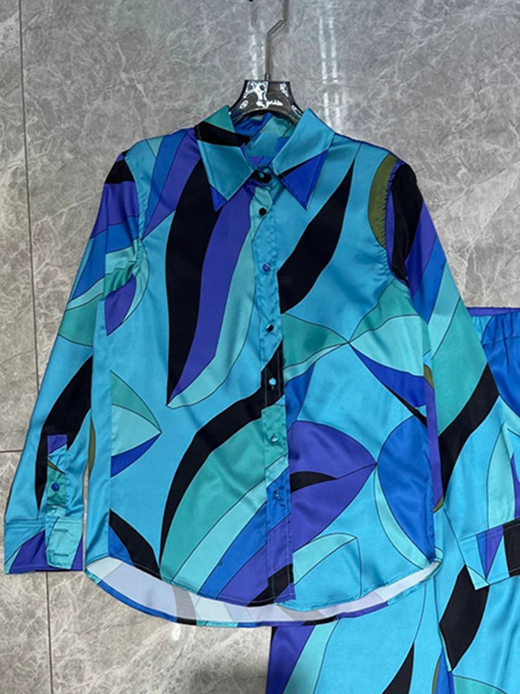 Retro geometric print lapel straight tube silk shirt two-piece set 2026 autumn women's clothing+loose wide leg pants fashion set