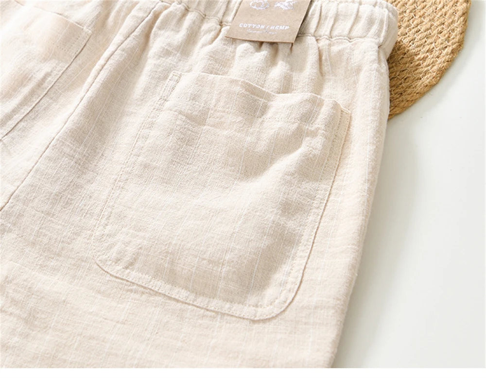 Summer cotton linen men's beach shorts loose fit breathable ramie striped straight daily causal pants for men