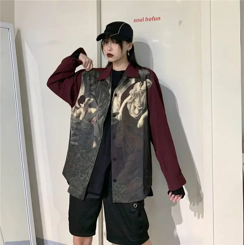 Vintage Blouse Shirt Japanese Clothes Oversized Blusas Fashion Print Women Blouses Long Sleeve Oversized Tops Men Clothes Blusas