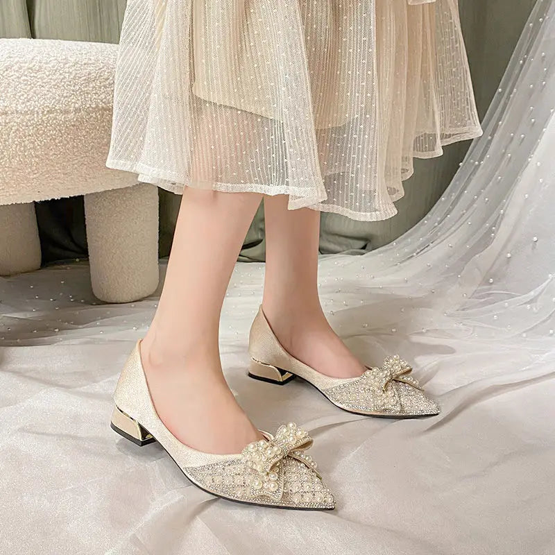 Women's Summer Footwear Pearl Square Heels Shoes for Woman 2025 Pointed Toe Diamond Low Heel Elegant with Crystals Rhinestone