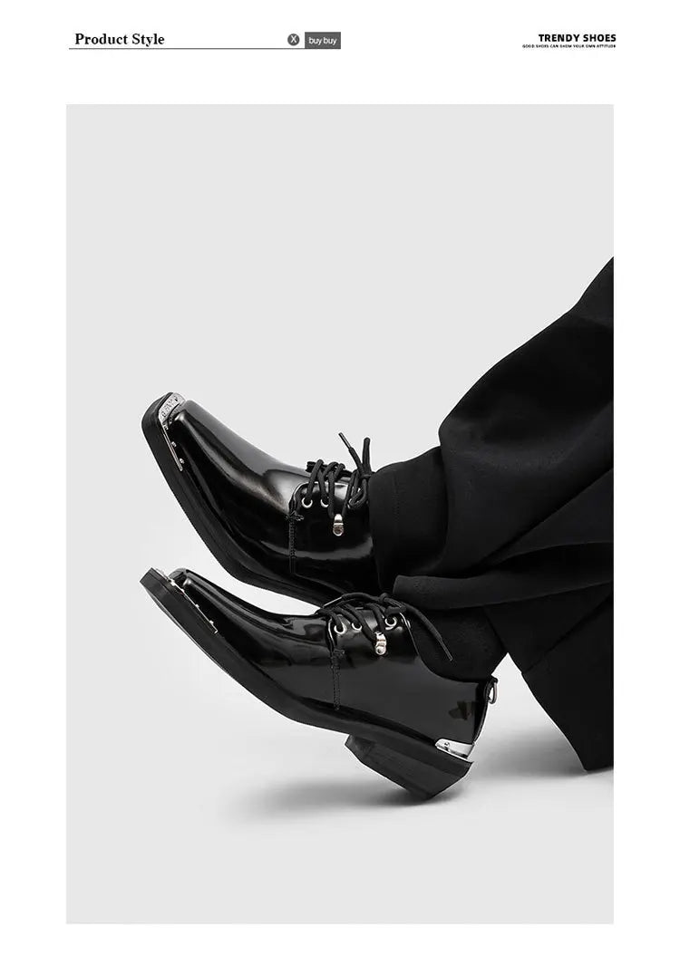 Metal Square Toe Derby Shoes Fashionable Thick Soled Lace Up Design Upturned Toe Thick Heel Trendy Men's Casual Leather Shoes