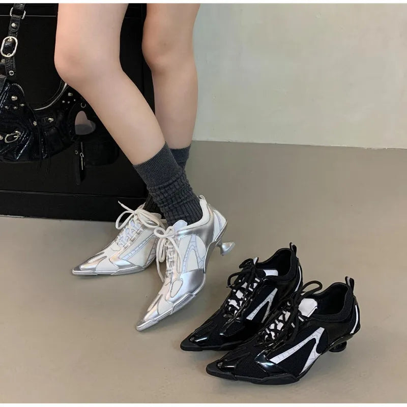 Sport Style Fashion Mixed-color Pointed toe Women Pumps Spring Autumn Breathable Mesh Strange High heels Casual Sneakers Shoes