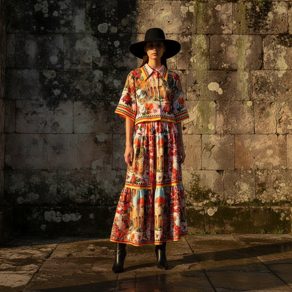 Retro print lapel short shirt two-piece set for 2026 summer women's wear+elastic waist loose pleated skirt fashion set