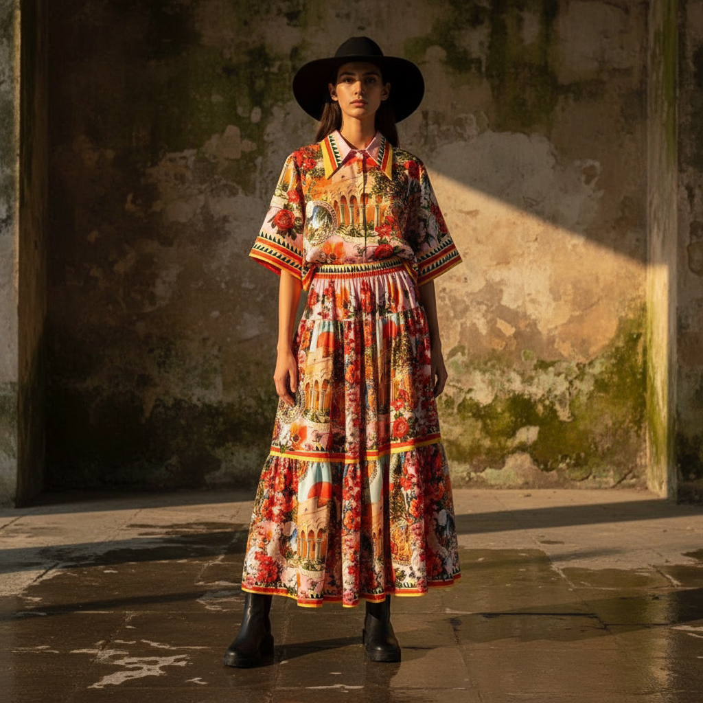 Retro print lapel short shirt two-piece set for 2026 summer women's wear+elastic waist loose pleated skirt fashion set