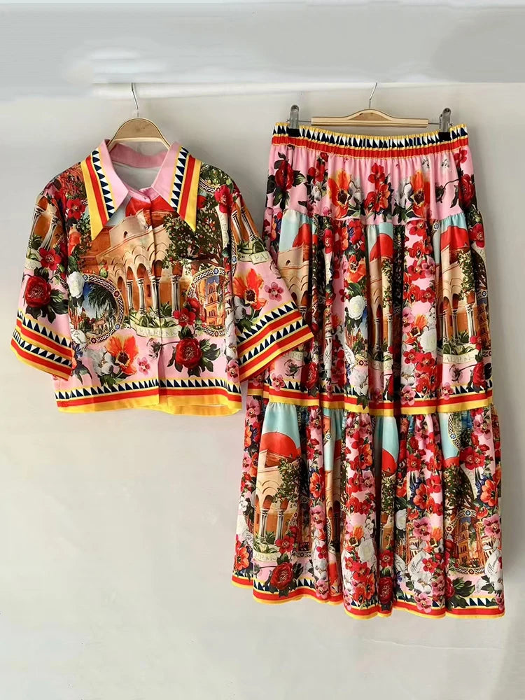 Retro print lapel short shirt two-piece set for 2026 summer women's wear+elastic waist loose pleated skirt fashion set