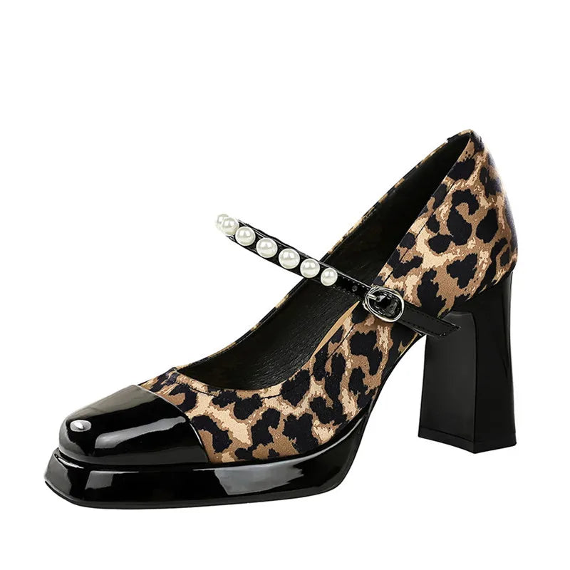 Fashion Leopard Printed Patchwork Pearls Women Pumps Spring Summer Platform Wedges Mary Janes High heels Chunky Dress Shoes