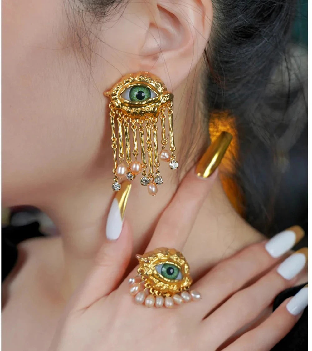 French Retro Unique Personality Exaggerated Eyes And Earrings Pearl Rhinestone Tassel Earrings Women's Jewelry Party Accessories
