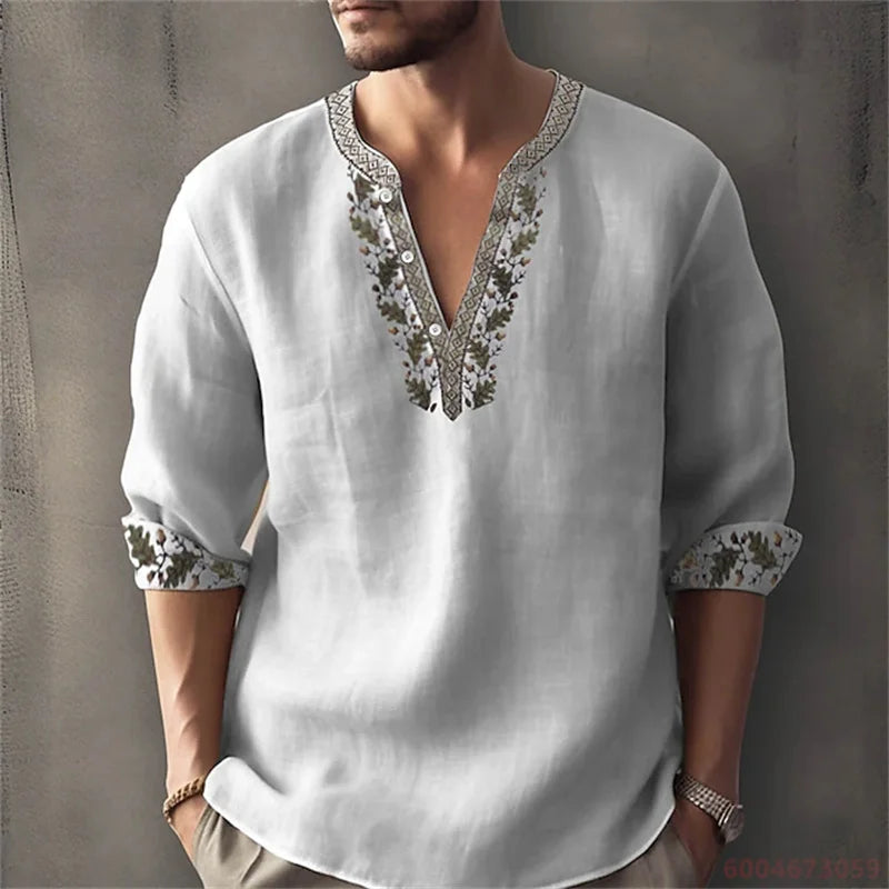2026 Summer New Men's Fashion Printed Shirt, Henley Collar, Long Sleeve, Ethnic Style, Loose Fit, Breathable, Casual Men's Top