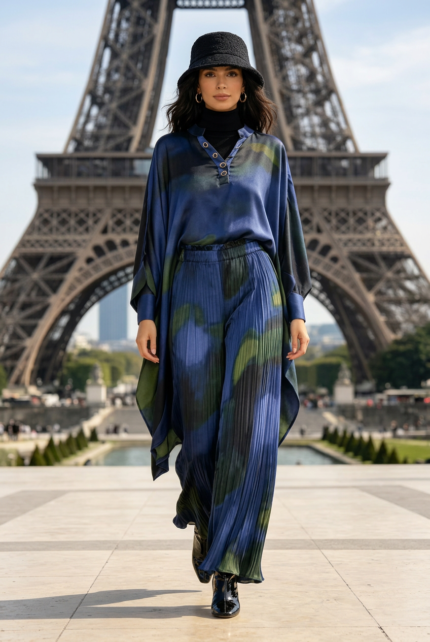 Retro geometric print V-neck pullover irregular dress 2026 autumn women's clothing+loose plus wide leg pants fashion set
