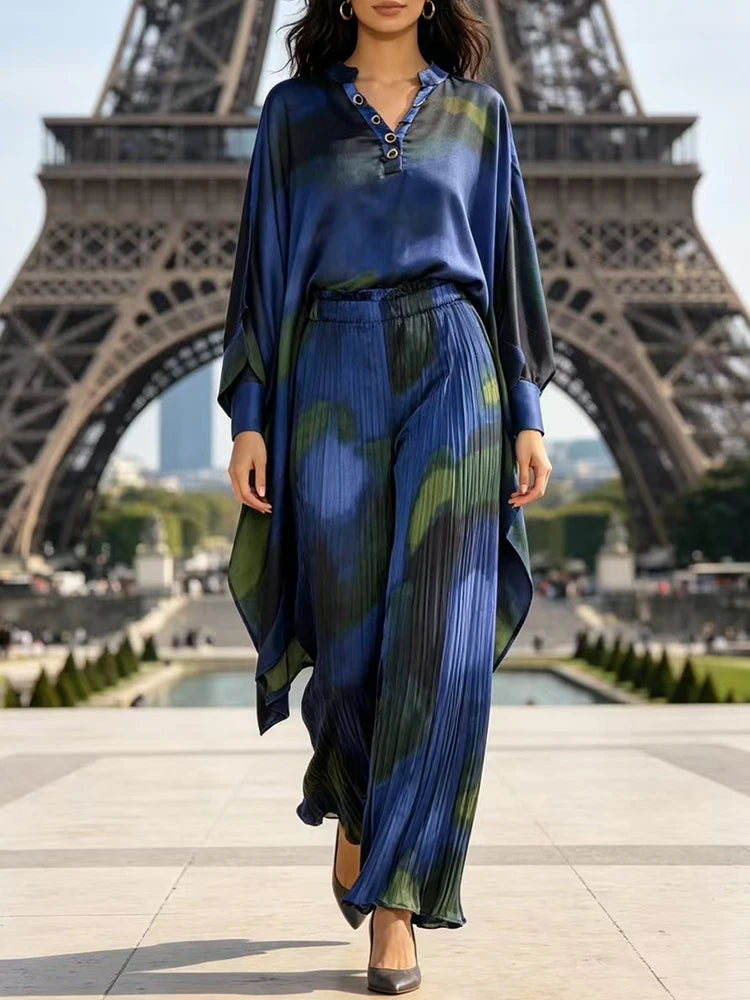 Retro geometric print V-neck pullover irregular dress 2026 autumn women's clothing+loose plus wide leg pants fashion set