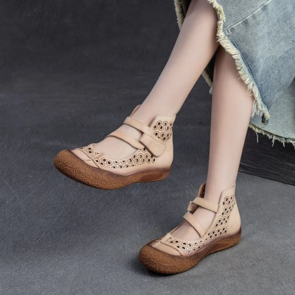 2026 Summer Retro Handmade Women's Shoes Genuine Leather Soft Bottom Mom Sandals Cowhide Hollow Out Casual Sandal Boots