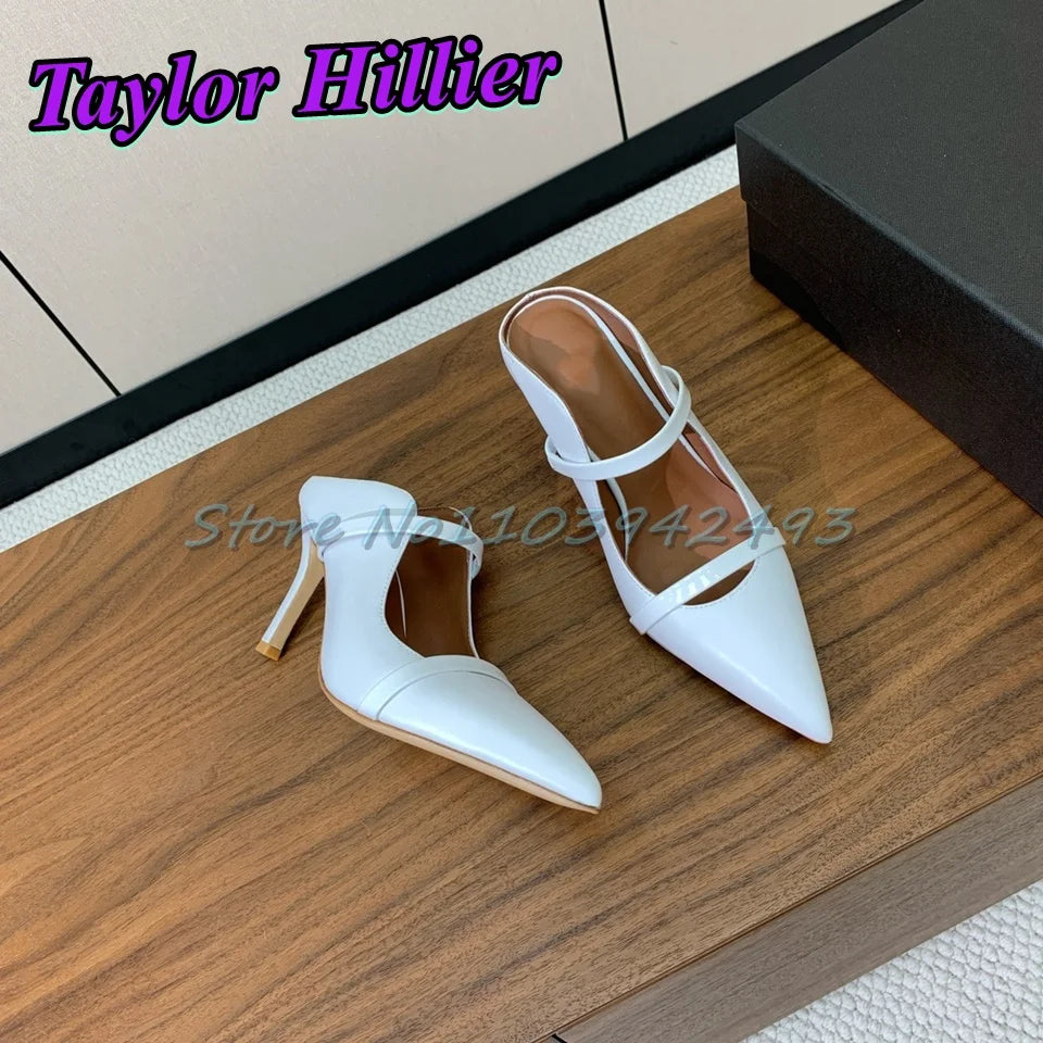 8.5CM Silver Heels Strappy Heeled Sandals Shallow Slip On Pull On Super High Heel Genuine Leather Sandalias Top Quality Size 41