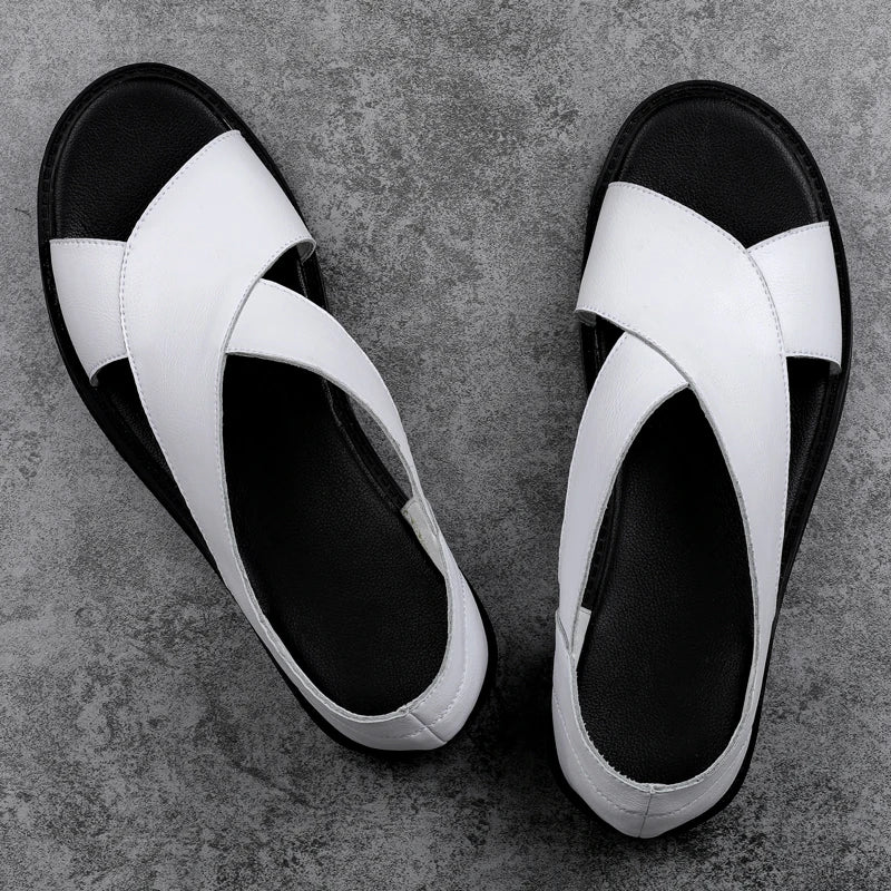 2023 New Genuine Leather Men's Sandals Flat Open Toe Rome Style Mens Sandalias Summer Breathable Beach Gladiator Sandals for Men