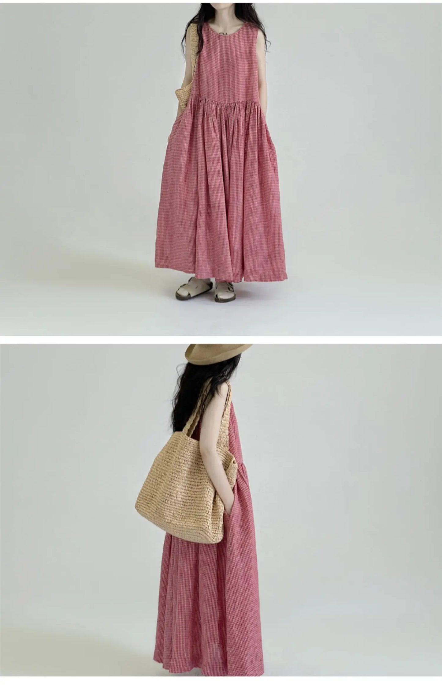 Summer New Women's Cotton Lin Loose Casual Dr High Waist A-Line Skirt Svel Vest Dr Cheered Pattern plus Size