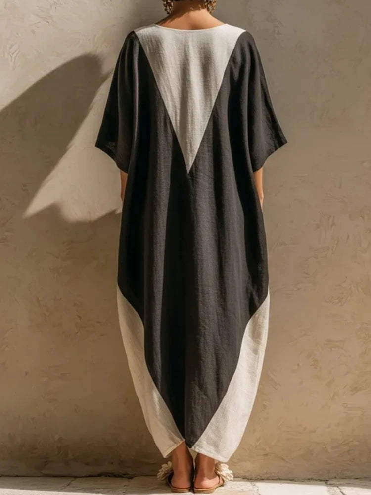 Summer Women Cotton Linen Long Dress 2026 Color Blocking Patchwork Batwing Sleeve V Neck Loose Pocket Dress Beach Sundress