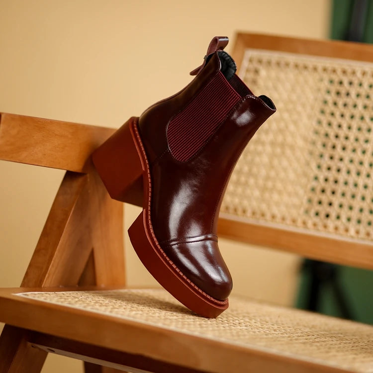 Winter Genuine Leather Chelsea Boots Women Shoes Retro Round Toe Women Platform Thick Heels Short Booties Autumn