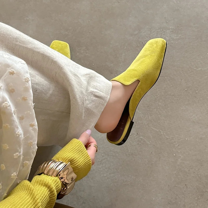 New Genuine Leather Kid Suede Flat Shoes Slippers Women Covered Toe Natural Leather Casual Slippers Female Daily Walk Slippers