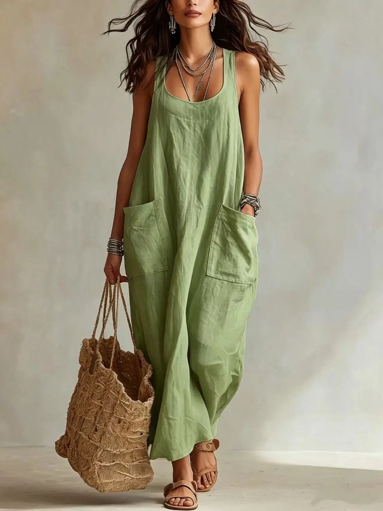 Women's Cotton Linen Square Neck Maxi Dress with Pockets Spaghetti Strap Sleeveless Loose Vacation Beach Long Sundress S-2XL